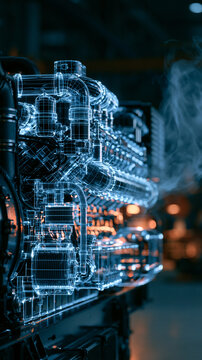 Futuristic Engine Blueprint: A detailed, glowing blueprint of a complex industrial engine, rendered in neon blue and orange, evokes a sense of advanced technology and industrial power.