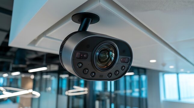 Black security camera mounted on the ceiling for indoor surveillance in a modern office or business building hallway