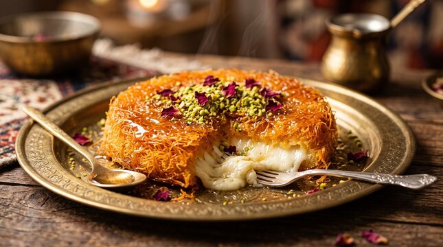 Authentic Middle Eastern Knafeh Kunafa Dessert with Pistachios and Syrup