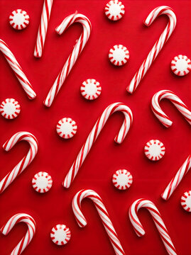 Christmas candy canes and peppermint sweets pattern on a vibrant red background.