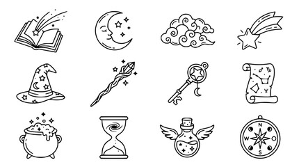 Fototapeta premium Magical Elements Collection: Wizard Hat, Wand, Potion, Spellbook, Stars, Moon, Compass
