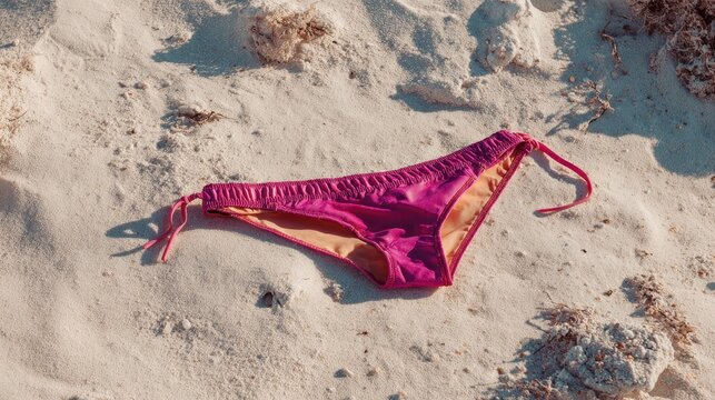 Vibrant pink bikini bottom lying abandoned on sun bleached beach sand during daylight hours