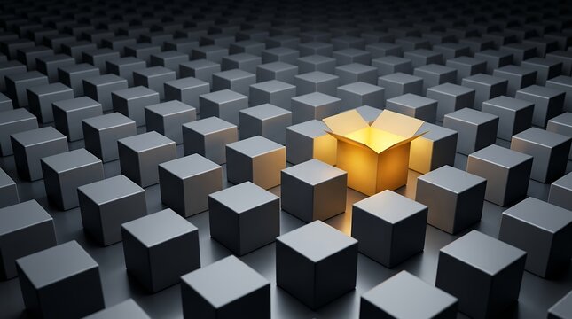 Glowing open box standing out from dark cubes, unique business solution concept, creative thinking and individuality metaphor
