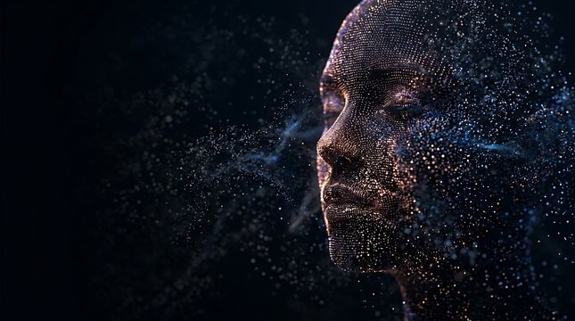 Abstract digital human head profile formed by glowing particles and data nodes with blue and red light points technology