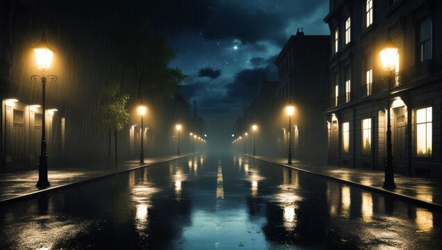Atmospheric European city street at night with wet asphalt classic buildings glowing streetlamps full moon scattered clouds and beautiful golden reflections