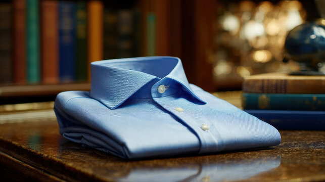 Crisp blue dress shirt folded neatly on a wooden surface in an upscale mens clothing store with books in the background