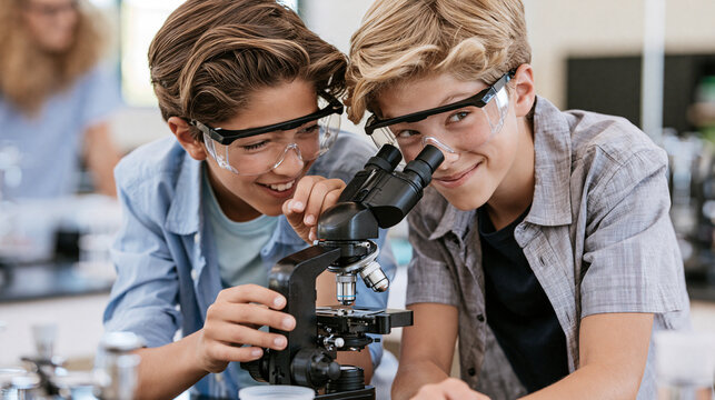 Two young boys examine specimens using a microscope in a science class.