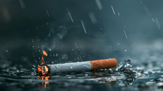 Extinguished Hope: A single cigarette smolders on a wet surface, its ember glowing amidst falling raindrops, symbolizing lost potential and the ephemeral nature of indulgence.