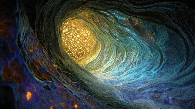 Microcosmic nanobots swirl in iridescent glow within a vascular structure observed at a cellular level