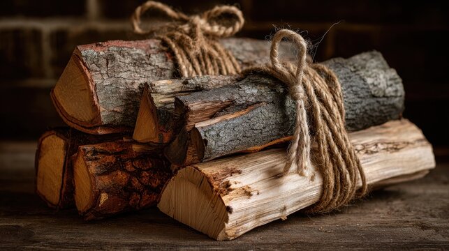 Rustic firewood bundle tied with twine ready for a cozy winter evening