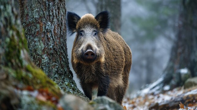 Wild boar stands in the forest near a tree with a curious expression in the morning light surrounded by fog and fallen leaves