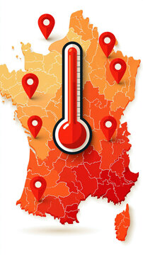 Heatwave Across France: A graphic illustration depicts France experiencing a severe heatwave, with a thermometer indicating extreme temperatures and location pins marking affected regions.