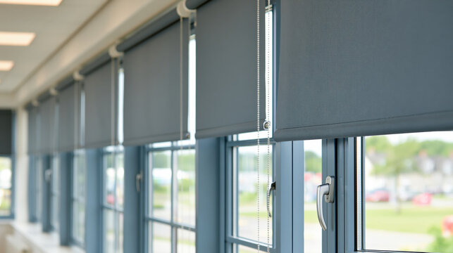 Modern roller blind office window row of window natural light interior design commercial interior glass window gray blind window shade office building