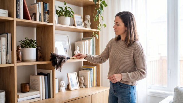 Woman uses a feather duster to carefully clean wooden bookshelves filled with books and decor in a bright living room.