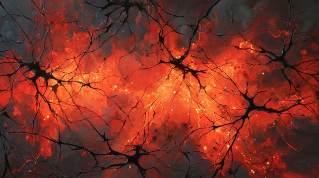 Dark intricate tendrils over a background of vibrant colors showing connections and patterns of neurons in an abstract design