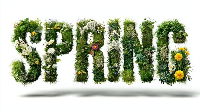 Green letters spell SPRING filled with blooming flowers and plants in a vibrant display representing the season