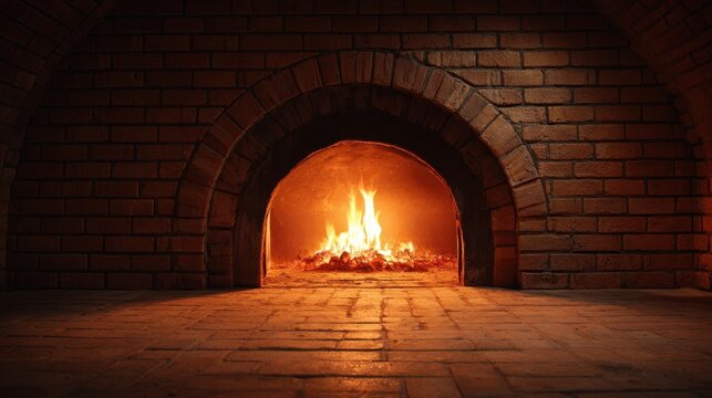 Empty wood fired oven with a burning fire ready for cooking meals