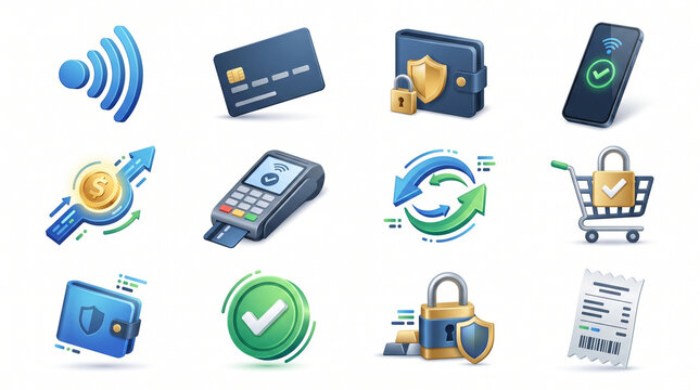 Premium 3D vector icon collection representing digital payment and fintech technology concepts, including contactless payment, payment cards, digital wallet, mobile banking, secure transactions, finan