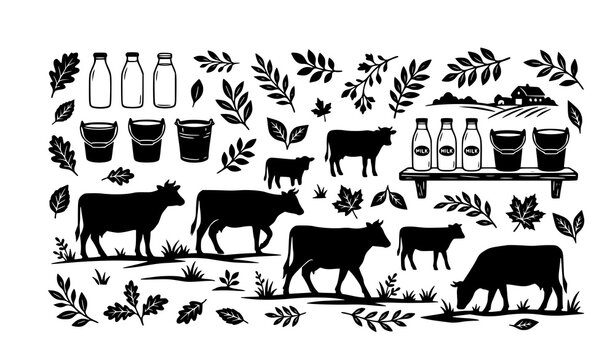 cow, milk, dairy, farm, silhouette, icon, set, bottle, glass, leaf, branch, cattle, livestock, animal, agriculture, organic, fresh, nature, ranch, black, collection, product, food, drink, beverage, ru