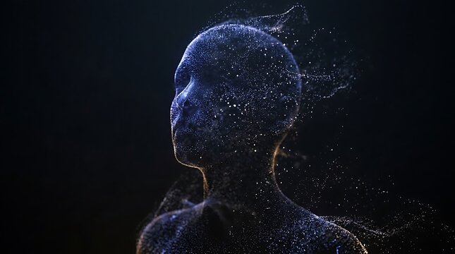Abstract human head silhouette made of glowing blue digital particles dissolving into space on a dark black background
