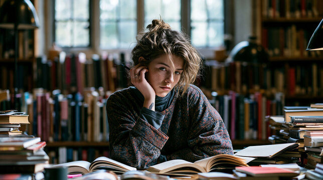 Student looks directly at camera while leaning on books inside a library.