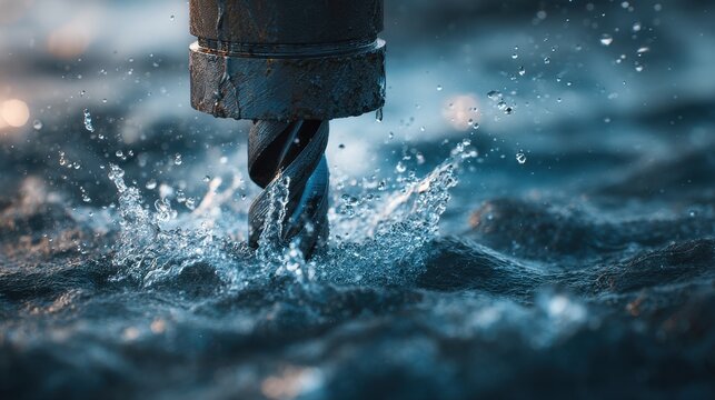 Close up of a drilling bit cutting into a submerged seabed in water during a marine operation