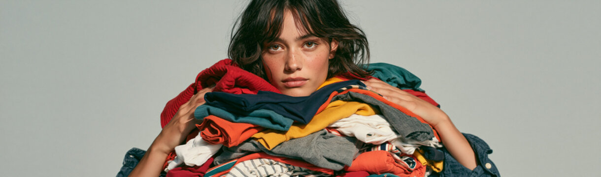 Overwhelmed by Options: A young woman with a contemplative gaze is engulfed by a mountain of colorful clothing, symbolizing the paradox of choice and consumerism.