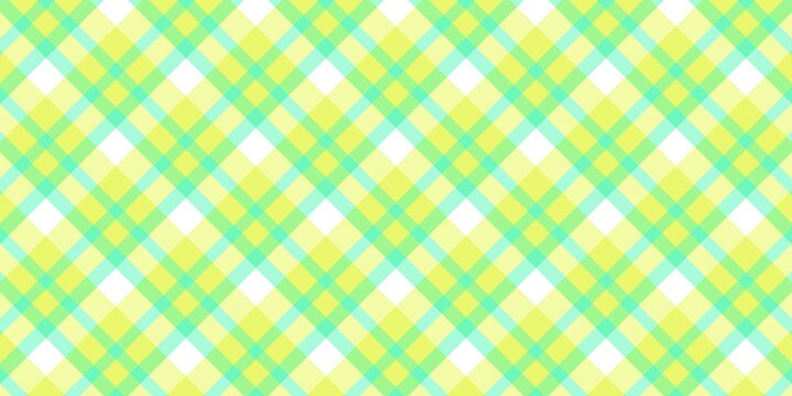 Seamless diagonal plaid pattern background with vibrant yellow and mint green gingham checks for summer or spring textile design.