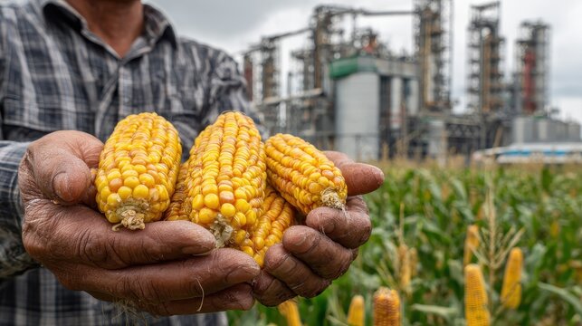 Farmer holding corn in hands near industrial processing facility in rural area