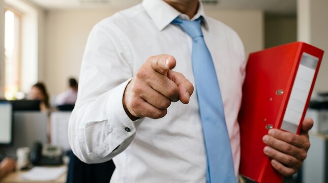 Angry boss pointing finger at camera, strict manager holding red folder in office, corporate discipline and firing concept