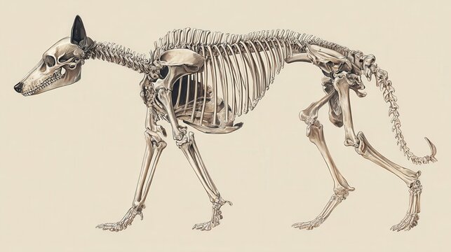 Detailed illustration of a canine skeleton showing bones and structure in a clear stance