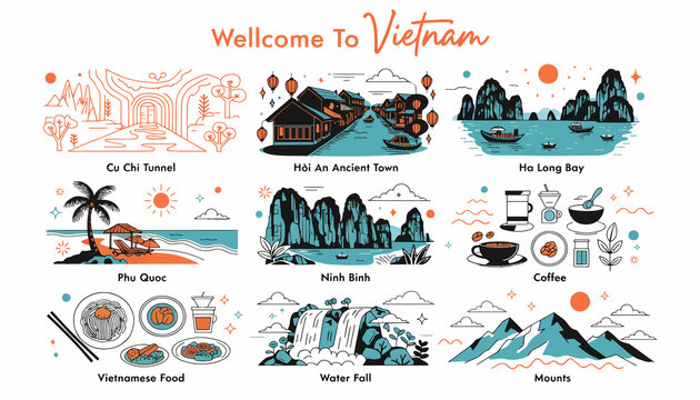Vibrant Vietnam Travel Collage: Iconic Landmarks, Cuisine, and Nature - Flat Vector Art