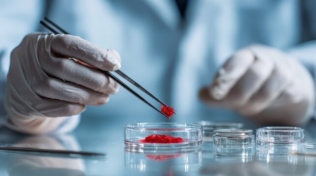 Forensic scientist examines red fiber evidence using tweezers in lab setting