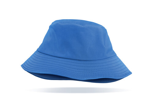 A stylish, simple blue bucket hat sits elegantly on a white background.