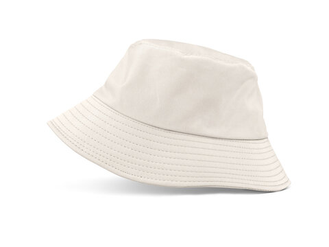 A beautiful, simple white bucket hat sits stylishly on a white floor.