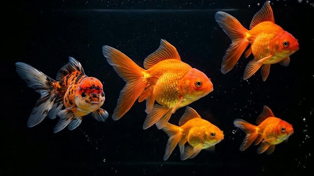 Colorful Goldfish Swimming in Dark Aquarium Water