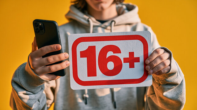 Age Limit 16+: A person holds a smartphone and a sign displaying 16+ against a vibrant yellow background, signifying an age restriction.