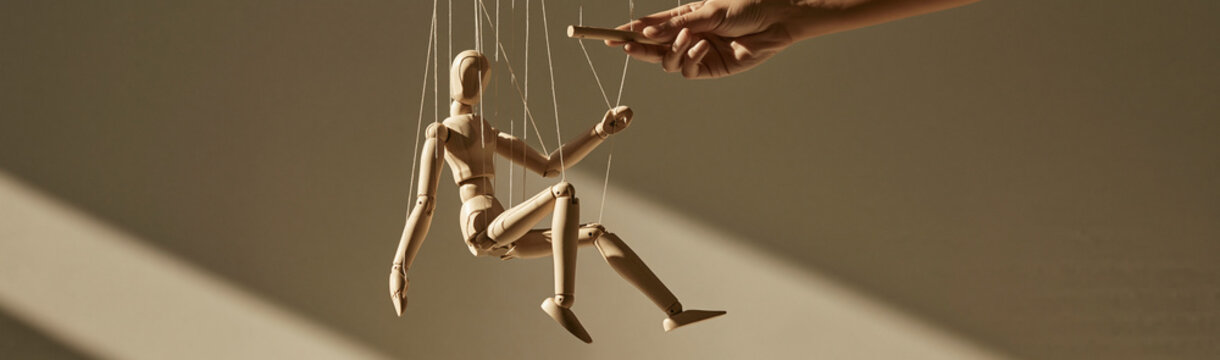 Puppet Strings: A wooden marionette hangs suspended by its strings, held by an unseen hand, embodying themes of control and manipulation.