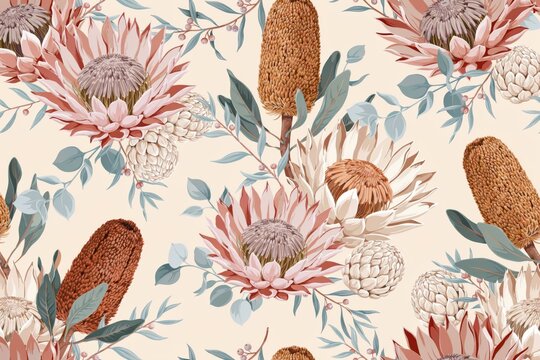 Seamless floral pattern featuring large pink protea flowers, brown banksia cones, and eucalyptus leaves on a light cream background, botanical