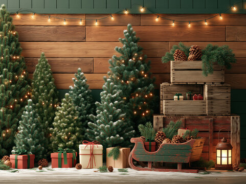 Festive christmas tree scene with wooden crate gift box and warm string light in rustic winter decor