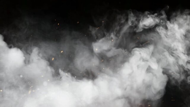 Smoke clouds rise horizontally against a dark background with small glowing particles.