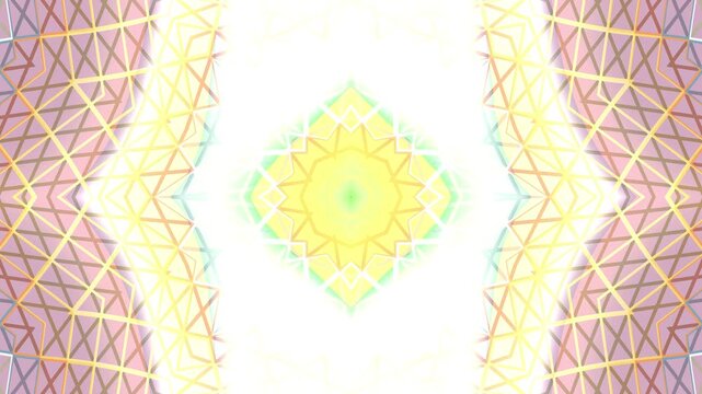 Elegant pastel kaleidoscope animation featuring luminous geometric symmetry, radiant light, intricate polygonal lines, and seamless sacred pattern ideal for modern motion backgrounds.