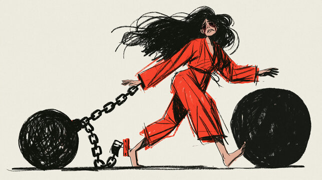 Breaking Free: An illustration of a determined woman in a red jumpsuit, bound by heavy chains and ball weights, struggles forward with resolute steps, symbolizing resilience against oppression.