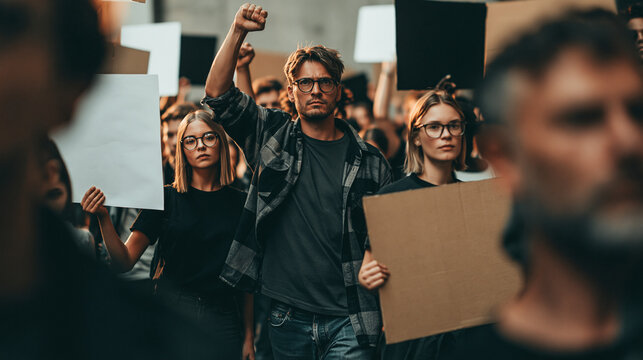 A March for Change: A determined group of people carrying signs marches forward, their faces showing a mix of conviction and hope, as they advocate for their beliefs in a public demonstration.