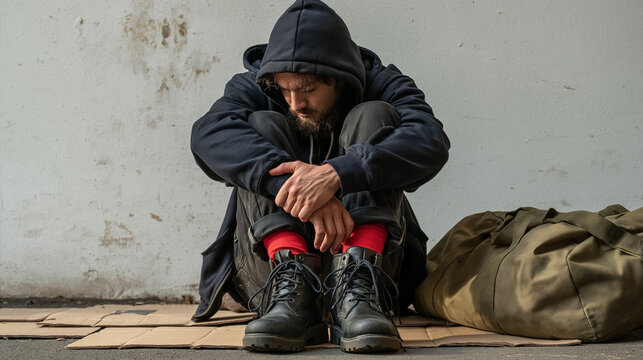 Alone and Cold: A man sits hunched over on cardboard, wrapped in a hooded jacket and red socks, beside a duffel bag. His face is obscured, conveying a sense of despair and isolation against a stark.
