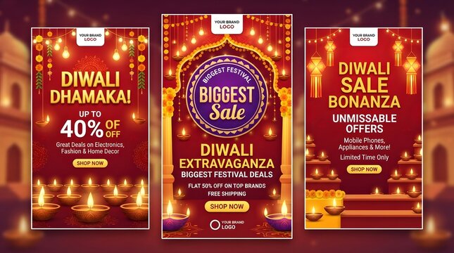 Set of three diwali sale social media story templates with festive red background, traditional lamps and promotional text