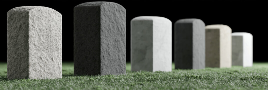Stone grave marker row on grass, isolated against dark background, cemetery concept with blank memorial headstone in perspective