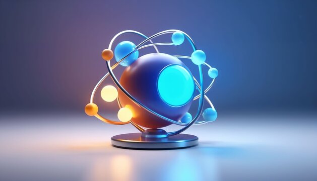Abstract atomic model with blue and orange energy particles
