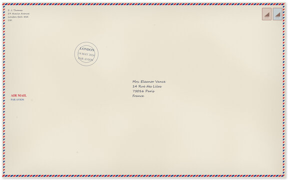 Vintage air mail envelope with postmark and stamps, par avion letter isolated on transparent background