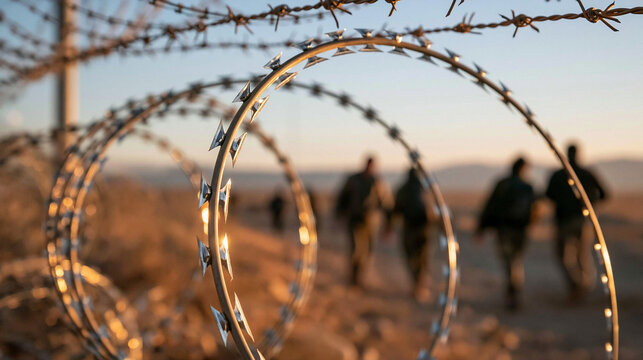 Border Security: A line of soldiers patrols a barren, sun-drenched border landscape, with barbed wire coiled prominently in the foreground, evoking a sense of tension and vigilance.